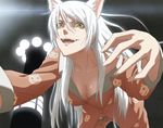  animal_ears bakemonogatari black_hanekawa breasts cat_ears cleavage fangs hanekawa_tsubasa long_hair m-ya medium_breasts monogatari_(series) nekomonogatari pajamas solo spoilers white_hair yellow_eyes 