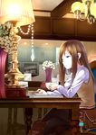  bag book boots brown_hair cabinet crossed_legs cup earphones highres lamp light original pantyhose retsuna sitting solo 