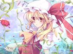  ascot bad_id bad_pixiv_id blonde_hair blush crystal flandre_scarlet flower hat hat_ribbon miyaoi plant pointy_ears puffy_sleeves red_eyes ribbon rose short_hair short_sleeves side_ponytail solo star touhou vines wings 