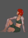  amputee asmodaieus breasts crossover cyborg deus_ex deus_ex:_human_revolution green_eyes katawa_shoujo lips medium_breasts nose red_hair short_hair shorts sitting sports_bra tezuka_rin 