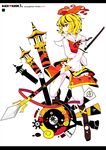  adapted_costume bishamonten's_spear black_hair blonde_hair boots full_body highres ideolo multicolored_hair polearm red_eyes short_hair simple_background solo spear toramaru_shou touhou two-tone_hair weapon 