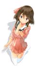  brown_eyes brown_hair digital_media_player dress hair_ribbon highres holding looking_at_viewer original ribbon short_hair solo thighhighs white_background white_legwear yae_(mono110) 