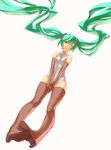  bad_id bad_pixiv_id boots elbow_gloves floating_hair gloves green_eyes green_hair hatsune_miku highres leotard long_hair one_eye_closed pigeon-toed simple_background solo thigh_boots thighhighs torminal twintails very_long_hair vocaloid 