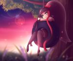  anthro clothed clothing cloud digital_media_(artwork) female footwear gaghiel hair hair_bow hair_mouth hair_ribbon hi_res humanoid leggings legwear looking_at_viewer mawile nintendo outside pok&eacute;mon pok&eacute;mon_(species) pok&eacute;morph red_eyes ribbons seirva sharp_teeth skirt sky smile solo sunset swing teeth tire tire_swing tree video_games 