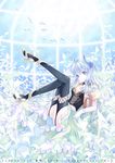  black_legwear blue_eyes blue_hair demon_horns gloves high_heels horns kochou_(totenkreuz) legs_up long_hair original shoes sitting solo thighhighs white_gloves 