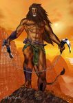  chain cloud clouds feline hair knife lion loincloth long_hair male mammal mane mountain muscles scythe solo sun weapon 