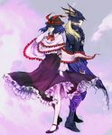  1girl asakura_noi ascot back-to-back blonde_hair blue_hair capelet dragoon dragoon_(final_fantasy) dress final_fantasy frills hand_in_hair hat hat_ribbon long_hair mary_janes nagae_iku ribbon ryu-san shoes short_hair skirt the_iron_of_yin_and_yang touhou 