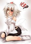  animal_ears bare_shoulders blush breasts detached_sleeves english hat inubashiri_momiji large_breasts open_mouth red_eyes short_hair silver_hair simple_background sitting solo sorato_jun speech_bubble tail tail_wagging tokin_hat touhou wariza wide_sleeves wolf_ears wolf_tail 