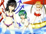  bikini black_hair blonde_hair blush breasts fang flandre_scarlet green_eyes green_hair highres houjuu_nue kamesys komeiji_koishi medium_breasts multiple_girls ocean red_eyes small_breasts swimsuit touhou wings 