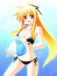  :d ball beachball bikini blonde_hair blush breasts cleavage engo_(aquawatery) fate_testarossa hair_ribbon high_ponytail large_breasts long_hair lyrical_nanoha mahou_shoujo_lyrical_nanoha_strikers open_mouth red_eyes ribbon side-tie_bikini smile solo swimsuit very_long_hair 