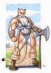  abs armor axe biceps big_breasts breasts castle clothed clothing cougar feline female mammal muscles muscular_female navel skimpy smile solo unconvincing_armor warrior weapon wolfgangcake 