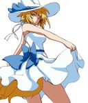  alternate_costume alternate_headwear animal_ears bare_shoulders blonde_hair breasts dearmybrothers dress fox_tail hat hat_ribbon highres looking_back medium_breasts multiple_tails ribbon short_hair simple_background skirt smile solo sun_hat sundress tail touhou white_background white_skirt yakumo_ran yellow_eyes 
