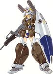  blonde_hair gm_(mobile_suit) gm_cannon_ii green_eyes gun gundam gundam_0083 mecha_musume rifle shield weapon 