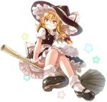  apron blonde_hair bloomers bow broom broom_riding chaba_(hortensia) full_body grin hair_bow hat hat_bow kirisame_marisa long_hair mary_janes puffy_sleeves shoes short_sleeves sidesaddle simple_background smile solo star touhou underwear white_background witch_hat 