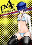  blue_hair bra cabbie_hat hat highres kneeling looking_at_viewer navel open_clothes open_shirt panties persona persona_4 ribs shirogane_naoto shirt short_hair sisotaro solo striped striped_bra striped_panties thighhighs thighs underwear 