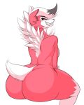  2019 anthro big_butt breasts butt cheek_tuft danonymous eyelashes female fur grin hair half-closed_eyes looking_at_viewer looking_back lycanroc midnight_lycanroc multicolored_fur nintendo nude pink_eyes pok&eacute;mon pok&eacute;mon_(species) rear_view red_fur red_sclera sharp_teeth sitting smile solo teeth thick_thighs tuft two_tone_fur video_games white_fur white_hair 