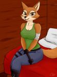  2017 anthro belt black_nose breasts canid canine cleavage clothed clothing cooliehigh female fox fur looking_at_viewer mammal orange_fur orange_tail pouch shirt smile solo spark_a_space_tail_(film) tan_fur vix_(spark) 