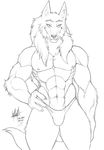  abs anthro biceps bulge canine ear_piercing front frontal_view looking_at_viewer male mammal monochrome muscles navel nipples pecs piercing plain_background pose sketch smile solo speedo standing swimsuit topless underwear walter_sache white_background wolf 