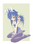  ahoge animal_ears bare_shoulders blue_eyes blue_hair blush_stickers breasts bunny_ears bunny_girl bunny_tail bunnysuit cleavage detached_collar imca long_hair medium_breasts no_shoes pantyhose ponytail sakekan senjou_no_valkyria senjou_no_valkyria_3 sitting solo tail v_arms wariza wrist_cuffs 