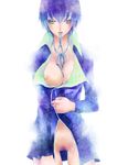  blue_hair bottomless breasts colored_pubic_hair eyelashes eyeshadow jacket large_breasts lips makeup mouth_hold nipples persona persona_4 pubic_hair ribbon ribbon_in_mouth shadow_(persona) shadow_naoto shirogane_naoto short_hair solo undressing yellow_eyes yukino_(0722) 