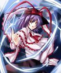  capelet electricity frills hat hat_ribbon looking_at_viewer nagae_iku open_mouth pointing pointing_up purple_hair ram_hachimin red_eyes ribbon short_hair solo touhou 