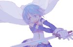  blue_eyes blue_hair cape detached_sleeves drawr gloves magical_girl mahou_shoujo_madoka_magica miki_sayaka short_hair solo sword wato_samirika weapon white_background 