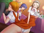  1boy 3girls ass blue_hair blush breasts brown_hair ero-shiki_kanjo_sentouki eyes_closed fat fat_man fellatio large_breasts long_hair masturbation multiple_girls open_mouth oral panties penis public_sex service short_hair underwear waitress 