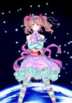  absurdres bare_shoulders bow brown_eyes brown_hair crossed_arms detached_sleeves dress gunbuster_pose hair_ornament hairclip highres idolmaster idolmaster_cinderella_girls light_particles moroboshi_kirari multicolored multicolored_clothes multicolored_legwear multicolored_stripes short_hair smile solo star star_hair_ornament striped striped_legwear thighhighs twintails yoshika_(music480069) 