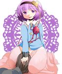  1girl bad_id bad_pixiv_id brown_hair commentary hairband hammer_(sunset_beach) hand_on_another's_head head_between_knees heart komeiji_satori long_sleeves open_mouth pink_eyes purple_hair short_hair smile third_eye touhou wide_sleeves 