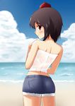  alternate_costume bare_shoulders black_hair blush cloud cutoffs day denim denim_shorts hat looking_at_viewer ocean poco_(pocoyb) red_eyes see-through shameimaru_aya short_hair shorts smile solo tokin_hat touhou 