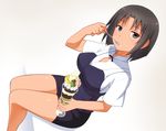  black_eyes black_hair breasts cherry dessert food fruit ice_cream large_breasts looking_at_viewer miniskirt parfait pencil_skirt shirafuji_kyouko short_hair sitting skirt solo spoon strawberry umekichi whipped_cream working!! 