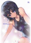  akaga_hirotaka amagami bare_shoulders black_hair breasts cleavage competition_swimsuit cover cover_page from_below medium_breasts nanasaki_ai one-piece_swimsuit purple_eyes short_hair solo swimsuit wet 