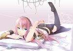  bed belt black_legwear cable hand_to_own_mouth headphones holding legs long_hair lying megurine_luka on_stomach pink_hair retsuna smile solo thighhighs vocaloid 