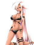  ahoge bad_id bad_pixiv_id bikini black_bikini blue_eyes breasts dark_skin elf front-tie_top highres kneeling large_breasts lips long_hair markings mole mole_under_mouth navel original pink_hair pointy_ears side-tie_bikini solo swimsuit underboob very_long_hair yutazou 