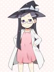  flat_chest glasses hat hat_ribbon kusuri_no_marjoram labcoat long_hair mahou_ram miiyon purple_eyes ribbon solo witch_hat 