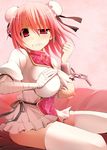  bandages blush bow breast_hold breasts chain cuffs double_bun dress ibaraki_kasen kujiran large_breasts nipples pink_hair red_eyes shackles sitting skirt solo thighhighs torn_clothes touhou zettai_ryouiki 