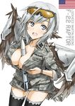  american_flag bad_id bad_pixiv_id between_breasts breasts camouflage dakku_(ogitsune) digital_camouflage f-22_raptor fangs highres large_breasts military military_uniform missile original personification short_hair silver_eyes silver_hair solo sunglasses thighhighs uniform watch weapon_bay wings 