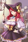  black_legwear blue_eyes book bow breasts brooch detached_collar detached_sleeves frilled_skirt frills hand_on_hip hat holding jewelry large_breasts long_hair lowres pleated_skirt red_hair ribbon rihanna skirt smile solo sword_girls thighhighs wand witch_hat wooni wrist_cuffs 