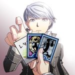  grey_eyes narukami_yuu old_maid persona persona_4 school_uniform silver_hair tarot the_fool_(tarot_card) tokiwa_(mukoku) 