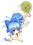  1girl all_fours ass bare_legs barefoot blue_eyes blue_hair blue_skirt bottomless bow cirno dress dress_lift electric_fan fan fanning_crotch food hair_bow looking_at_viewer mouth_hold nekoeater popsicle puffy_sleeves shirt short_hair short_sleeves skirt solo sweat touhou wings 