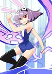  animal_ears armpits black_legwear bunny bunny_ears fake_animal_ears fusion highres konpaku_youmu konpaku_youmu_(ghost) one-piece_swimsuit purple_hair red_eyes reisen_udongein_inaba school_swimsuit shokkin short_hair slit_pupils solo swimsuit thighhighs touhou umyonge 