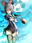  aircraft airplane animal_ears bad_id bad_pixiv_id basket black_legwear blue_sky capelet dowsing_rod flying_boat gem grey_hair highres ibuki_notsu jewelry looking_at_viewer mouse mouse_ears mouse_tail nazrin necklace pendant red_eyes sail shirt short_hair shorts sky solo tail thighhighs touhou 