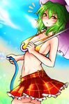  1girl annoyed bikini blush breasts cleavage frown green_hair hose kazami_yuuka large_breasts navel plaid plaid_skirt red_eyes roki_(hirokix) short_hair side-tie_bikini skirt solo sweat swimsuit touhou umbrella water 