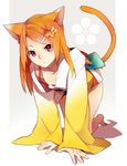  ai_(warekaku) all_fours animal_ears bottomless cat_ears cat_tail collarbone downblouse hair_ornament hairpin long_hair long_sleeves orange_hair original red_eyes solo tail wide_sleeves 