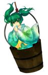  bucket green_eyes green_hair hair_bobbles hair_ornament highres in_bucket in_container kisume long_sleeves short_hair smile solo touhou twintails wide_sleeves wooden_bucket yui_(soranohako) 