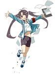  :d armband bike_shorts black_eyes black_hair blush bunbun jacket jumping navel open_mouth original paper smile socks solo track_jacket yoshii_hotori 