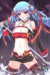  ass_visible_through_thighs bare_shoulders belt black_legwear blue_hair blush breasts choker cleavage deeple elbow_gloves gloves holding large_breasts long_hair lowres luthica_preventer midriff navel open_mouth red_eyes shiny shiny_skin shorts solo sword_girls thighhighs twintails wrist_cuffs 