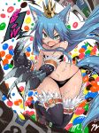  1girl animal_ears blue_hair boots candy claws crown facial_mark fang female food gloves kutsugaeru long_hair m&amp;m&#039;s midriff navel open_mouth original paw_gloves paws solo stitches tail thigh_boots thighhighs wide_hips 