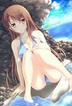  bad_id bad_pixiv_id barefoot beach bikini breasts brown_eyes brown_hair cleavage day dutch_angle hair_ornament hairclip hand_on_own_knee highres kono_oozora_ni_tsubasa_wo_hirogete long_hair mayuzumi_makiha medium_breasts mochizuki_amane outdoors rock sitting soaking_feet solo swimsuit water 