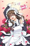  apron arm_up blush bow brittany_scarborough brown-framed_eyewear brown_hair chief_maid clenched_hand closed_eyes english flower glasses grin holding long_hair lowres maid maid_headdress open_mouth petals ribbon rose smile solo sword_girls 